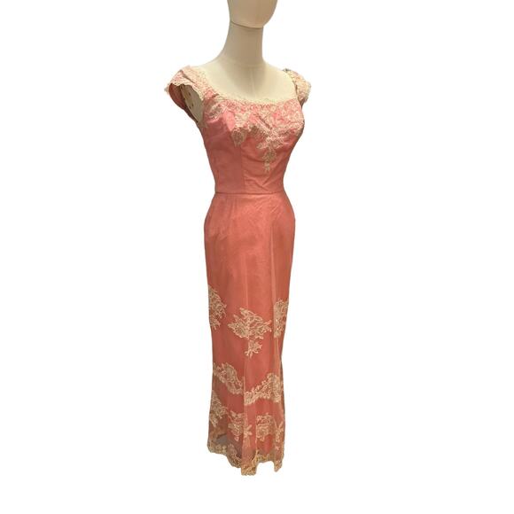 American vintage 50’s Pink Lace netting overlay shelf bust dress size X Small - Picture 4 of 16